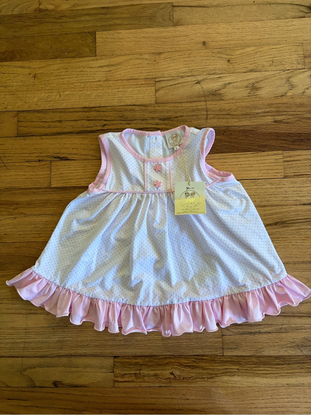 Little Bear Smocks Pink Trim White Baby Dress with Ruffle Hem